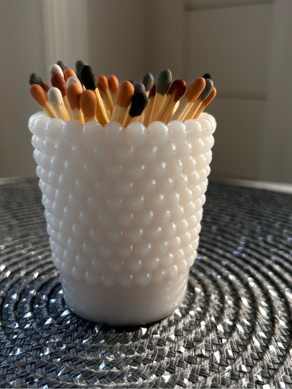Fenton white hobnail votive RESTYLE striker colored tipped matches gift